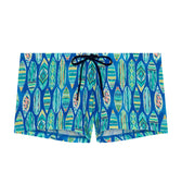 Colorful patterned shorts with a drawstring on a white background